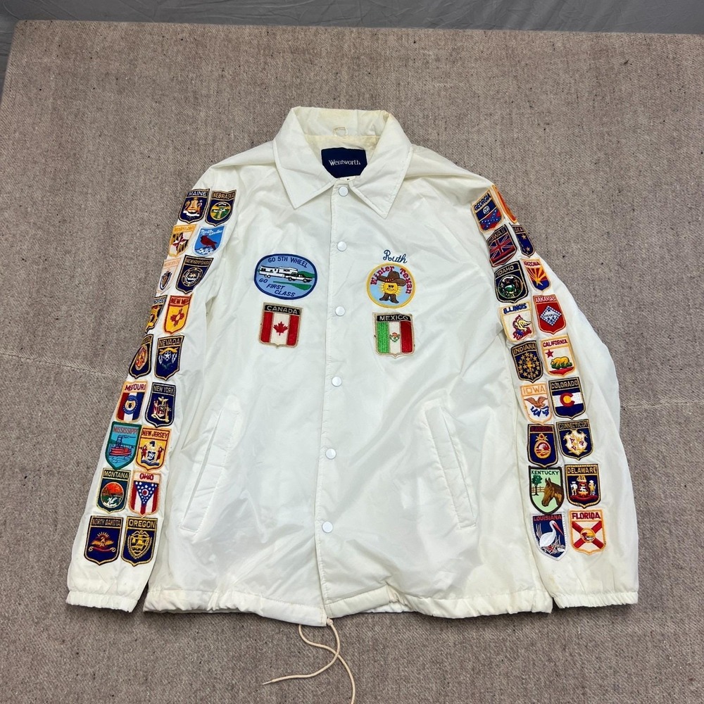 Vintage Patchwork Jacket Mens Medium White 1980s Fifth Wheel Illinois